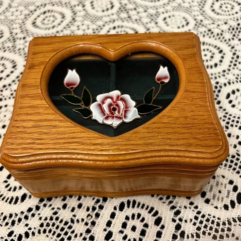 Vintage Wooden Jewelry Box Heart Shaped Floral Glass Inlay